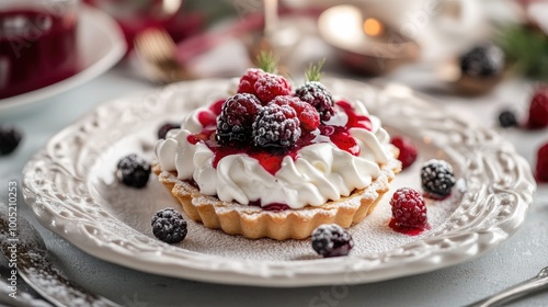 Delicious Berry Tart with Whipped Cream and Sauce