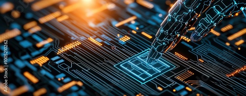 Artificial intelligence circuits overlaying a traditional stock market floor, AI in traditional finance, robotic takeover of manual trading