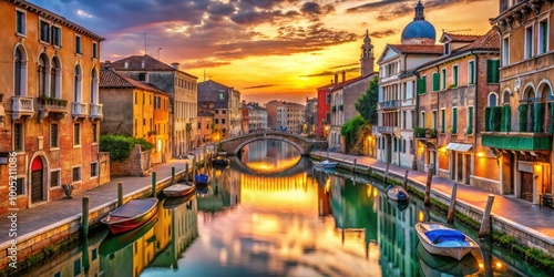 Vibrant sunset illuminates ancient stone buildings, ornate bridges, and winding canals in Venice, Italy, with colorful boats and lush greenery reflected in tranquil waters. photo