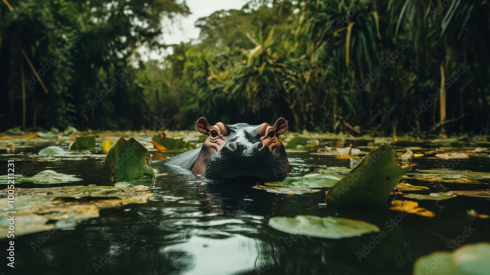 A hippo swimming in a serene jungle pond surrounded by lily pads. A hippo swimming in a serene jungle pond surrounded by lily pads.