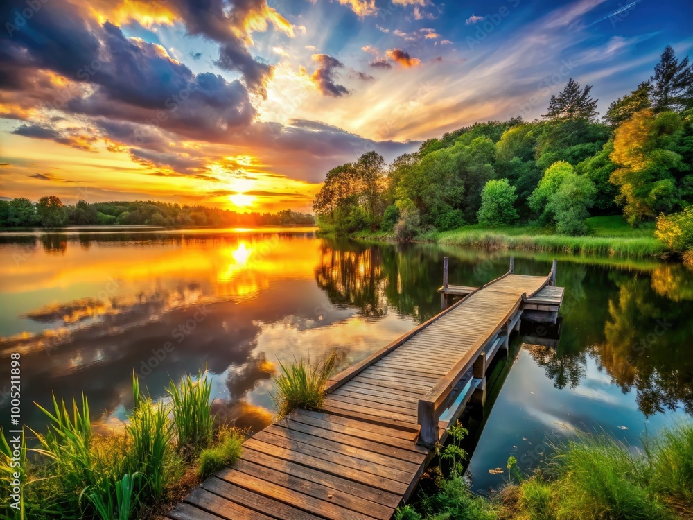 Fototapeta premium Vibrant sunset over tranquil lake with rustic wooden dock, surrounded by lush green trees and reflections of warm golden light on gentle waters.