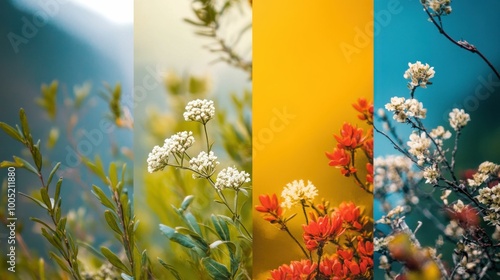 colorful flowers, nature, seasonal changes, background colors characters, showcasing vibrant blooms in white, yellow, and red against a blurred natural backdrop, symbolizing seasonal beauty and d photo