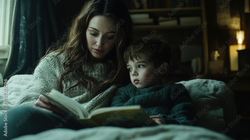 A mother reading a book to her child, cozy atmosphere, soft lighting. A mother reading a book to her child, cozy atmosphere, soft lighting.