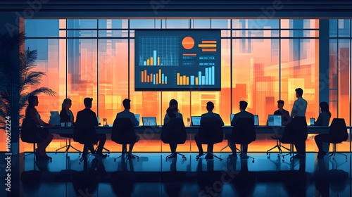 Illustration of Professional Meeting Room with People Discussing Charts and Graphs, Business Collaboration
