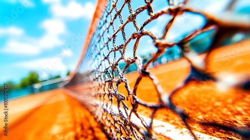 Close-Up of Tennis Court Net with Detailed Textures, Empty Court in Background
