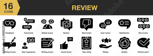 Review solid icon set. Includes quality, rating, satisfaction, user experience, star, and More. Solid icons vector collection.