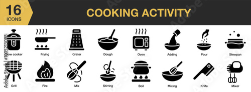 Cooking Activity solid icon set. Includes stirring, stewpan, pour, oven, mixing, and More. Solid icons vector collection.