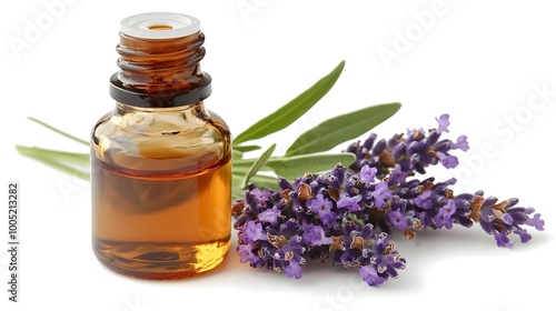 Pure Relaxation: Glass Bottle of Lavender Essential Oil with a Fresh Sprig, Isolated on a White Background