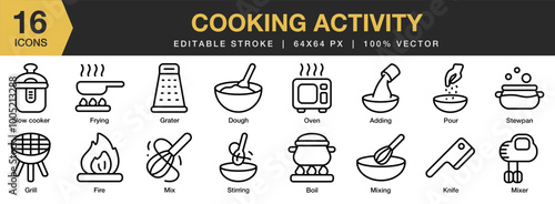 Cooking Activity icon set. Editable Stroke Icon Collection. Includes adding, boil, dough, fire, frying, grater, and More. Outline icons vector collection.
