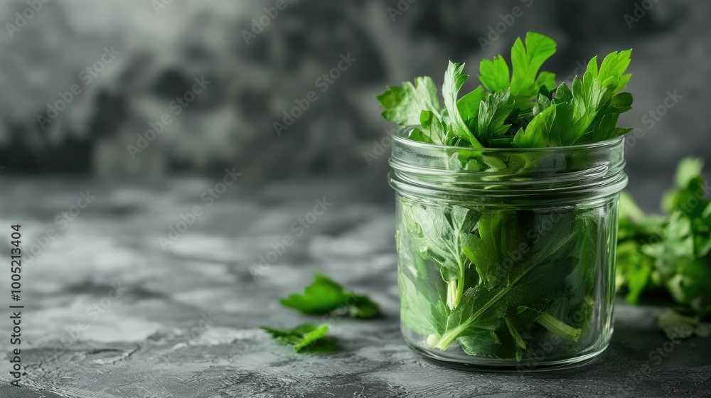 Fresh Lovage Leaves in Glass Jar Fresh Lovage Leaves in Glass Jar
