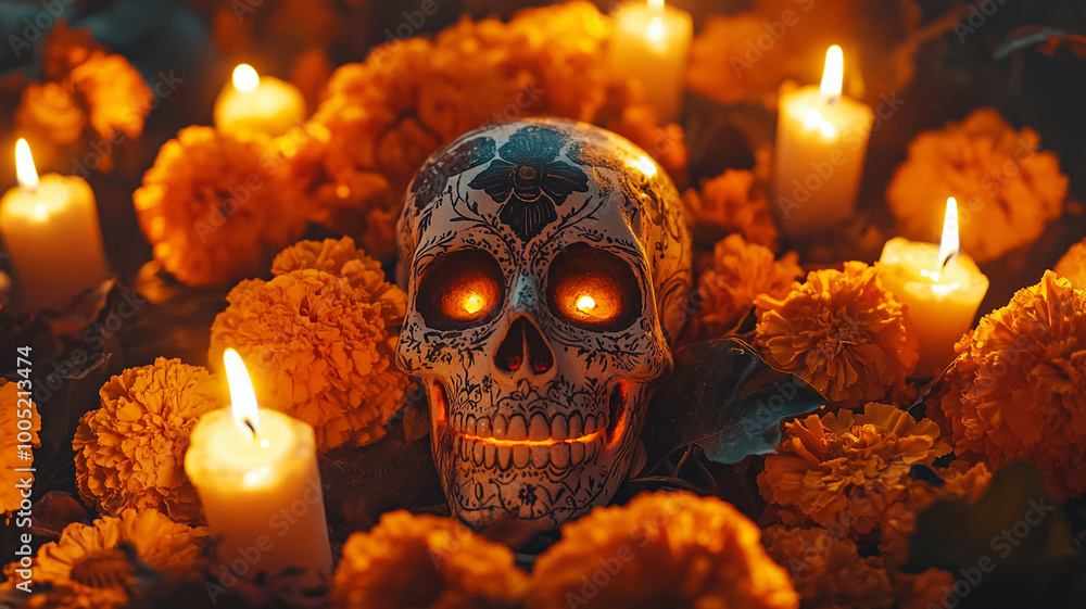 Celebrating Day of the Dead with vibrant flowers and glowing candles around a decorative skull Celebrating Day of the Dead with vibrant flowers and glowing candles around a decorative skull