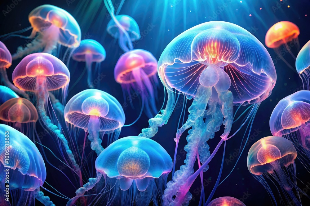 Vibrant, translucent jellyfish pulsate with soft, luminescent glow against a dark blue background, their delicate, undulating tentacles swirling in mesmerizing, hypnotic animation. Vibrant, translucent jellyfish pulsate with soft, luminescent glow against a dark blue background, their delicate, undulating tentacles swirling in mesmerizing, hypnotic animation.