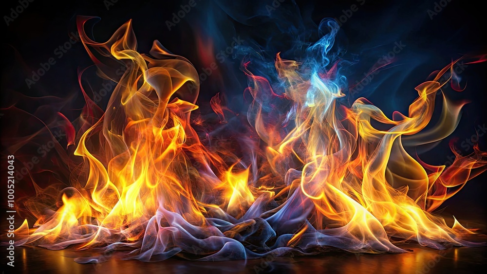 Vibrant transparent flames dance across a dark background, revealing subtle wisps of smoke, evoking an otherworldly sense of ethereal beauty and hypnotic mystique. Vibrant transparent flames dance across a dark background, revealing subtle wisps of smoke, evoking an otherworldly sense of ethereal beauty and hypnotic mystique.