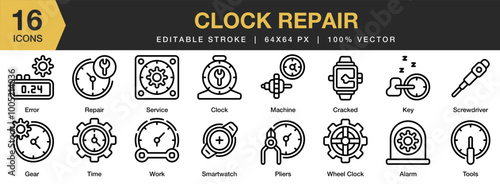 Clock Repair icon set. Editable Stroke Icon Collection. Includes alarm, clock, cracked, error, gear, key, and More. Outline icons vector collection.