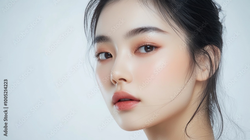 Naklejka premium Close-up Portrait of a Young Woman with Smooth Skin and Soft Makeup