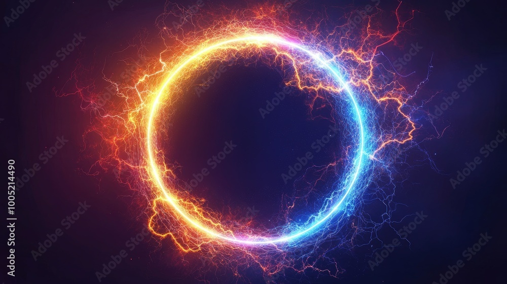 Fototapeta premium Abstract glowing circle with electric fire and ice elements.