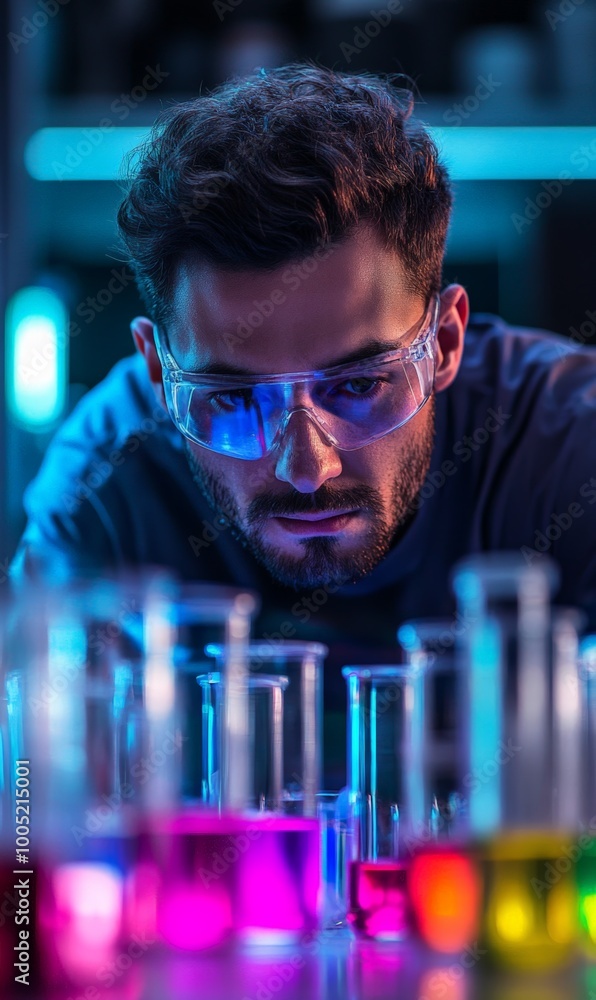 Scientist Working in Lab with Colorful Chemicals in Beakers
