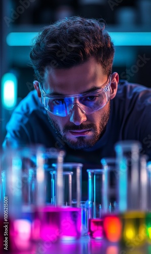 Obraz na płótnie Scientist Working in Lab with Colorful Chemicals in Beakers w salonie