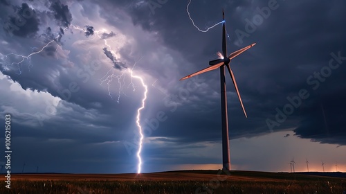 a lightning bolt striking a wind turbine in an open field, surrounded by dark storm clouds