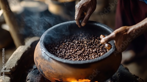 Roasting Coffee Beans in a Clay Pot over a Fire