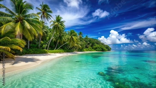 Vibrant turquoise water laps against the powdery white sand of a secluded tropical island beach, surrounded by lush green palm trees and a crystal-clear blue sky.