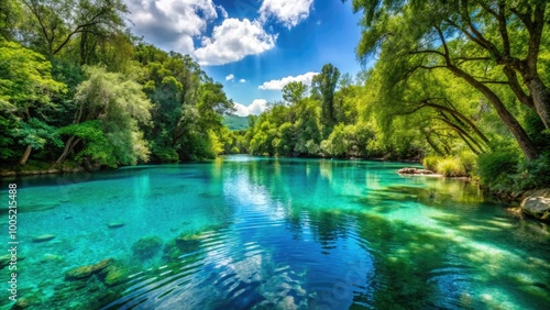 Vibrant turquoise water ripples in a serene summer oasis surrounded by lush greenery, creating a tranquil atmosphere for relaxation and recreation.