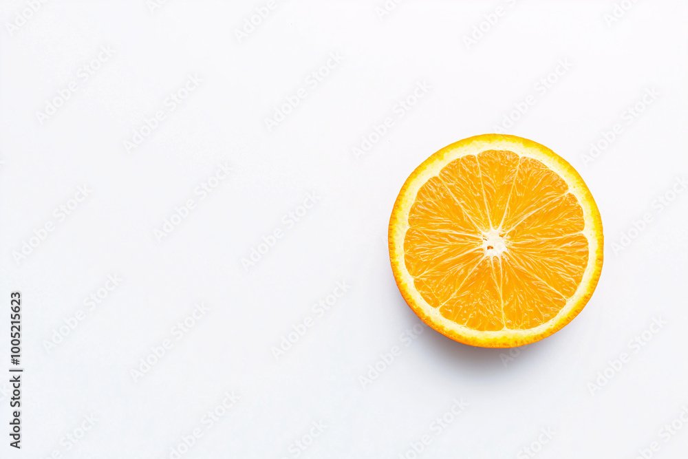 Minimalist top view of fresh orange half on clean white background, healthy fruit concept with copy space Minimalist top view of fresh orange half on clean white background, healthy fruit concept with copy space