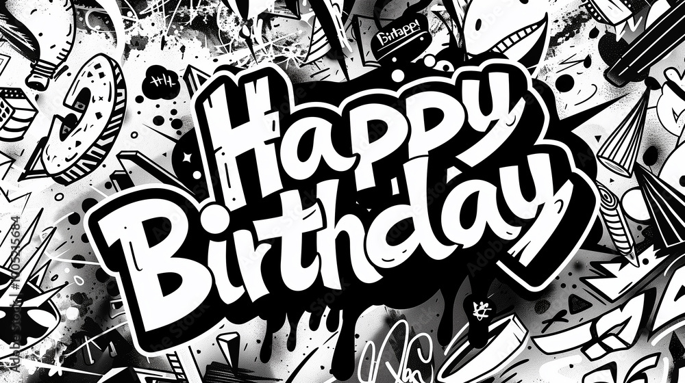 Graffiti-style 'Happy Birthday' text on an urban grunge background