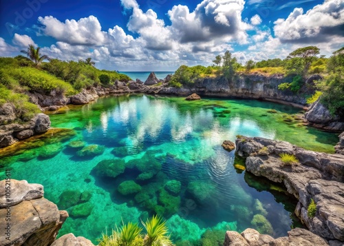 Vibrant turquoise waters of the infamous agua mala tidal pool in Mexico, surrounded by rugged volcanic rock formations and lush green vegetation. photo