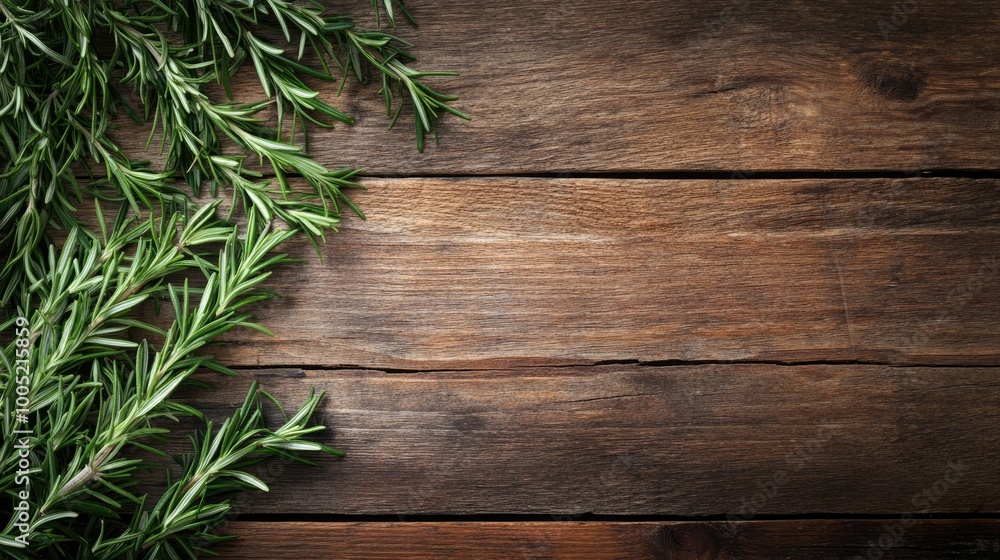 Naklejka premium Fresh Rosemary Sprigs on a Rustic Wooden Table