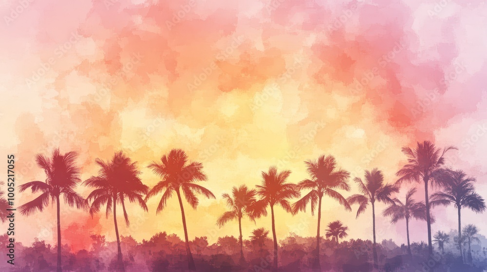 Silhouettes of Palm Trees Against a Watercolor Sunset Sky - Tropical Landscape Background Silhouettes of Palm Trees Against a Watercolor Sunset Sky - Tropical Landscape Background