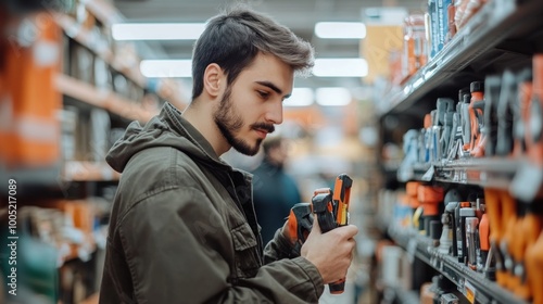 Man Browsing Tools in Hardware Store photo