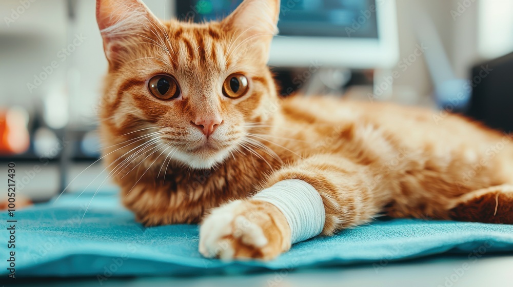 Orange Tabby Cat With Bandaged Paw At The Vet Orange Tabby Cat With Bandaged Paw At The Vet