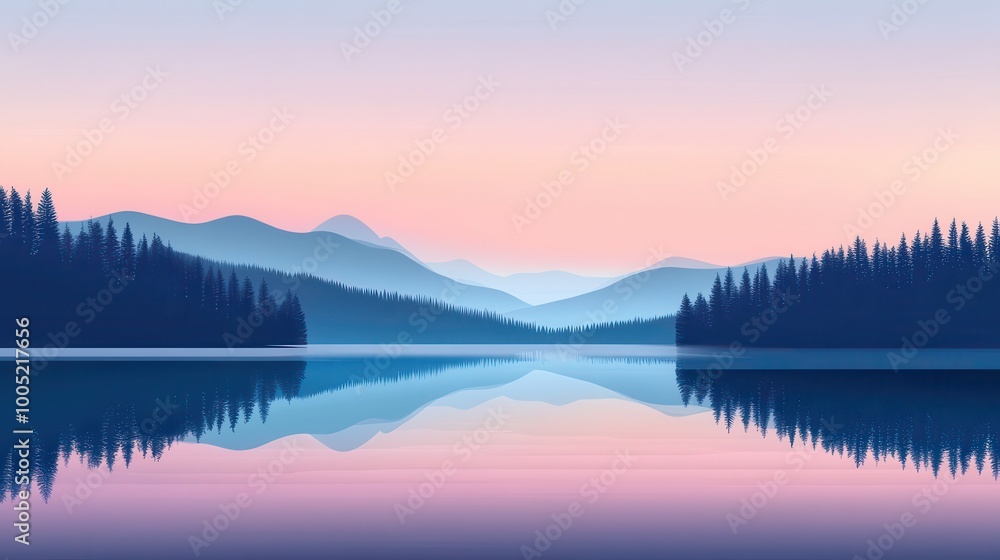 Fototapeta premium Peaceful Mountain Lake Sunset with Silhouettes of Pine Trees and Reflection - Beautiful Nature Landscape