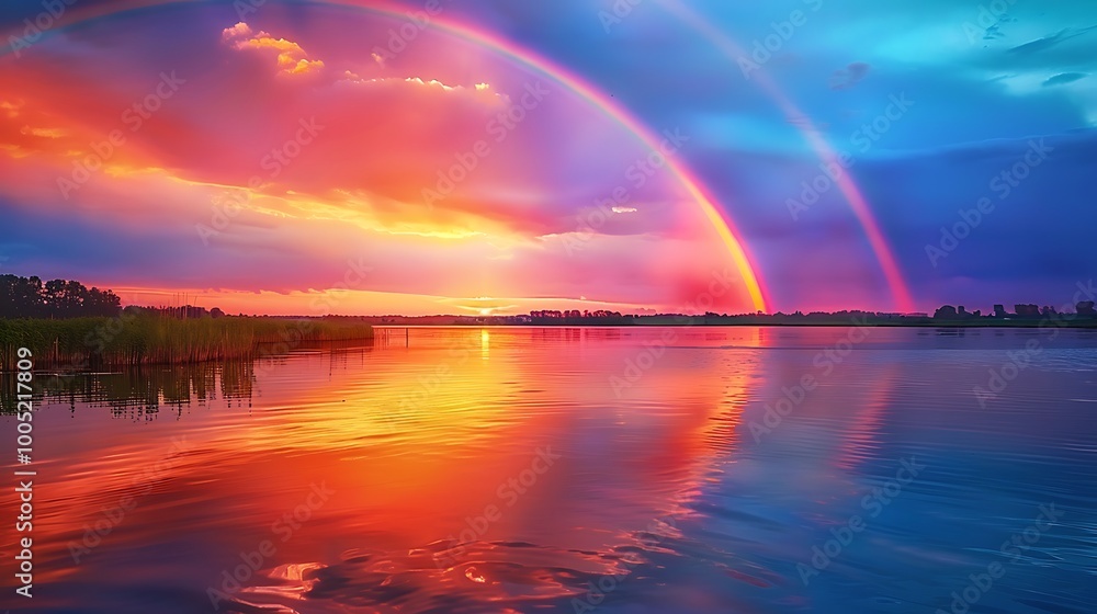 a radiant rainbow emerging from a vibrant sunset, casting colorful reflections on a calm river a radiant rainbow emerging from a vibrant sunset, casting colorful reflections on a calm river