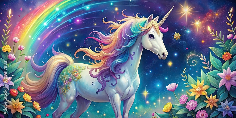 Fototapeta premium Vibrant, whimsical digital illustration of a majestic unicorn with a shimmering rainbow mane and tail, surrounded by sparkling stars and delicate floral elements.