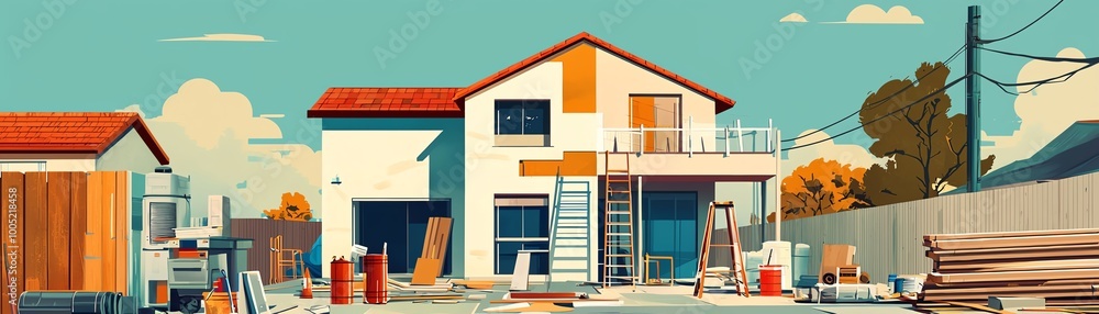 Construction site of a modern house with scaffolding, materials and a bright sky. Construction site of a modern house with scaffolding, materials and a bright sky.