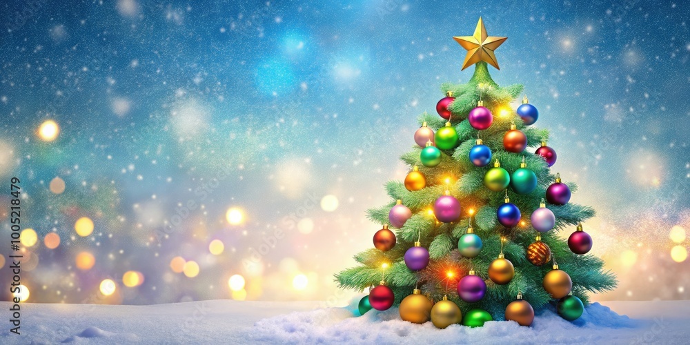 Vibrant, whimsical illustration of a jovial Christmas tree adorned with colorful ornaments, sparkling lights, and a bright star, set against a soft, snowy white background. Vibrant, whimsical illustration of a jovial Christmas tree adorned with colorful ornaments, sparkling lights, and a bright star, set against a soft, snowy white background.