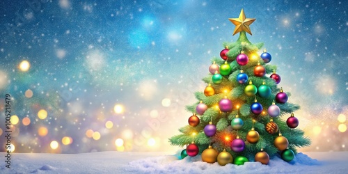 Vibrant, whimsical illustration of a jovial Christmas tree adorned with colorful ornaments, sparkling lights, and a bright star, set against a soft, snowy white background.