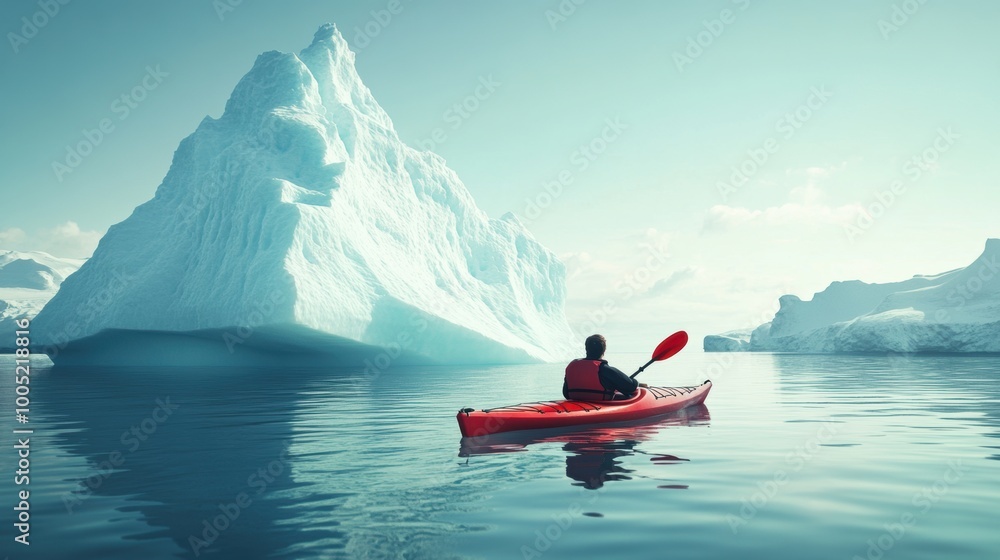 A kayaker boating in sea water with iceberg. A kayaker boating in sea water with iceberg.