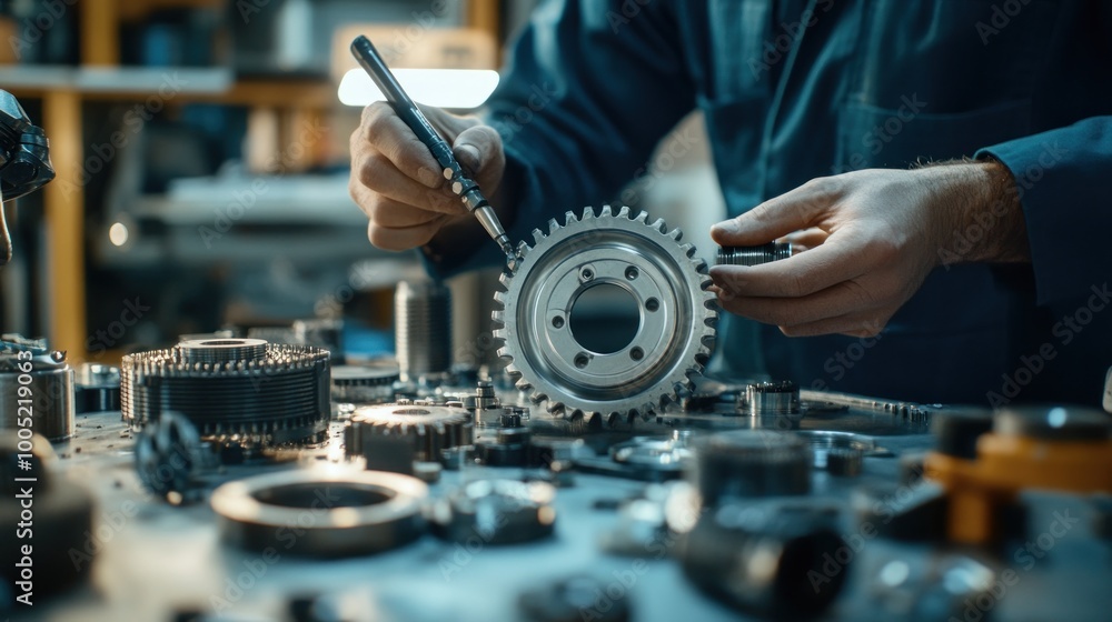 Mechanic Examining a Gear in a Workshop Mechanic Examining a Gear in a Workshop