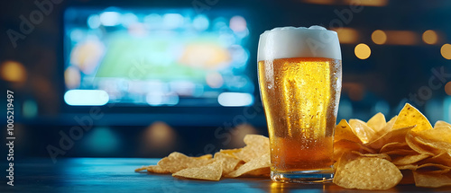 A refreshing glass of beer with frothy head beside crispy chips, set against a blurred background. photo