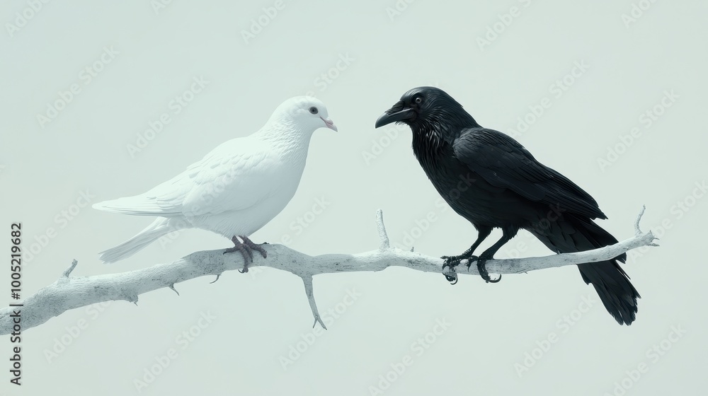 White Dove and Black Raven on Branch, Symbolism of Peace and Darkness, Nature Photography White Dove and Black Raven on Branch, Symbolism of Peace and Darkness, Nature Photography
