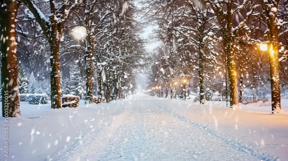 Snowflakes Dance: A Row of Trees Enveloped in Gentle Snowfall Snowflakes Dance: A Row of Trees Enveloped in Gentle Snowfall