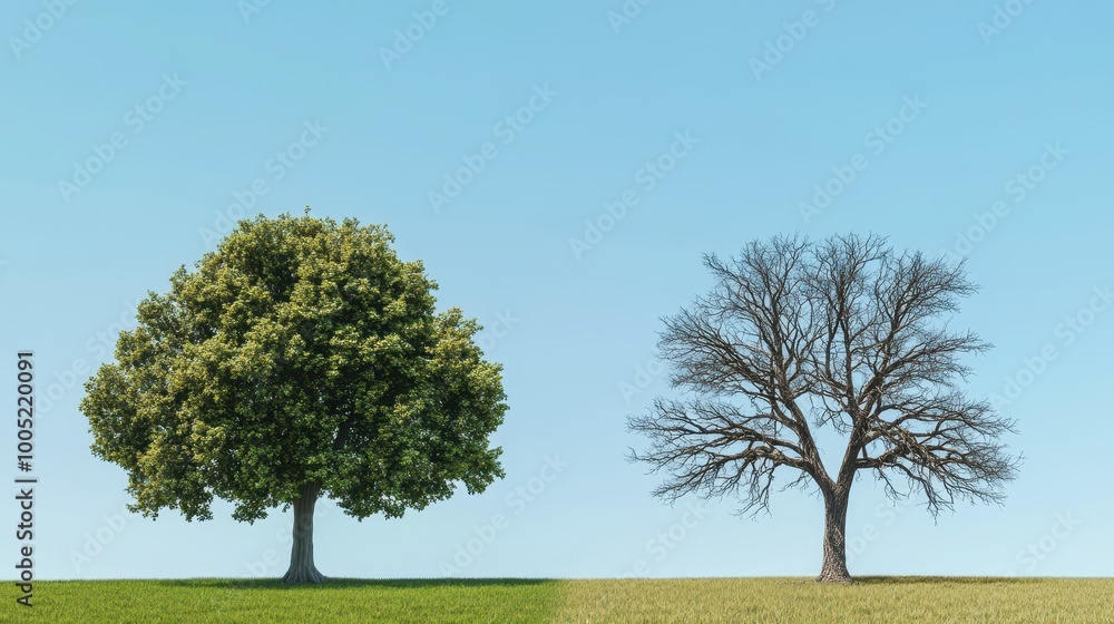 Fototapeta premium Two Trees, One Lush, One Barren, Representing Life and Death, With a Blue Sky Background.