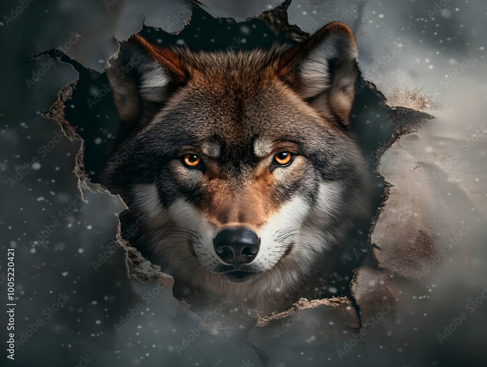 A striking wolf portrait emerging through a broken wall, showcasing its piercing gaze and fierce demeanor. A striking wolf portrait emerging through a broken wall, showcasing its piercing gaze and fierce demeanor.