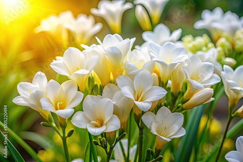 Vibrant white frezia flowers with delicate, curved petals and yellow centers bloom in a lush, greenery-filled garden bed against a soft, sunny background. photo