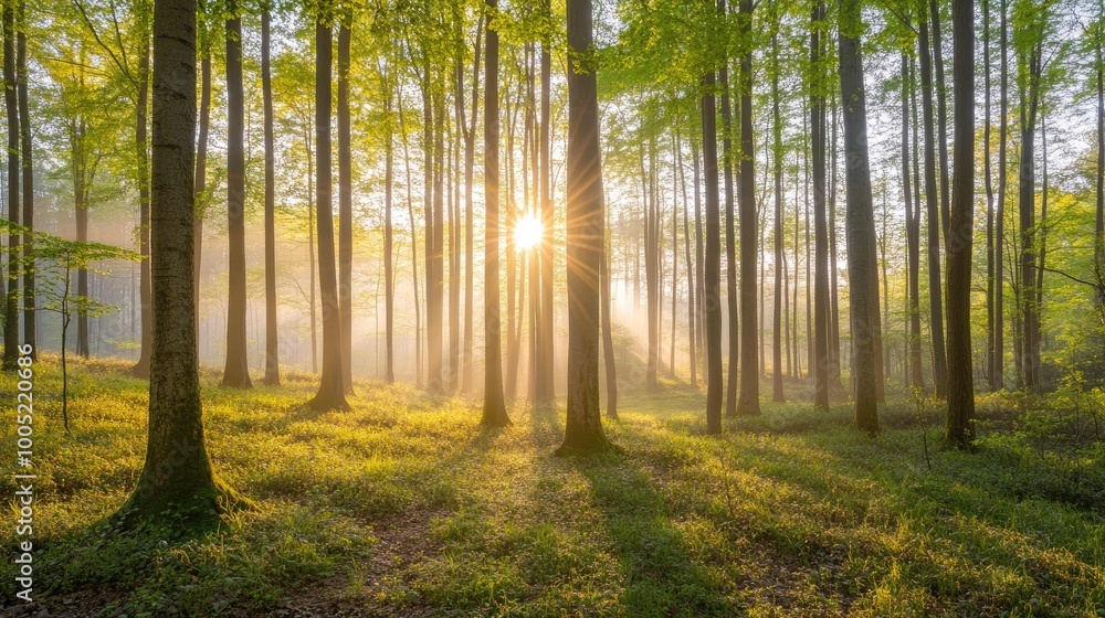 Fototapeta premium Sun rays illuminate a misty forest clearing with tall trees and green foliage.