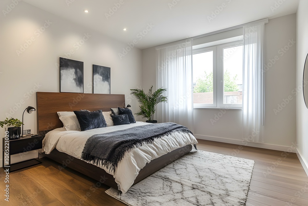 Fototapeta premium Minimalistic bedroom with stylish modern decor