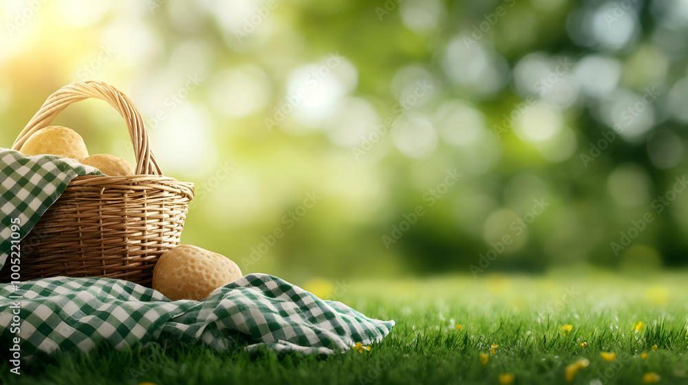 Basket of fresh eggs on a picnic cloth in a sunlit green field. Basket of fresh eggs on a picnic cloth in a sunlit green field.